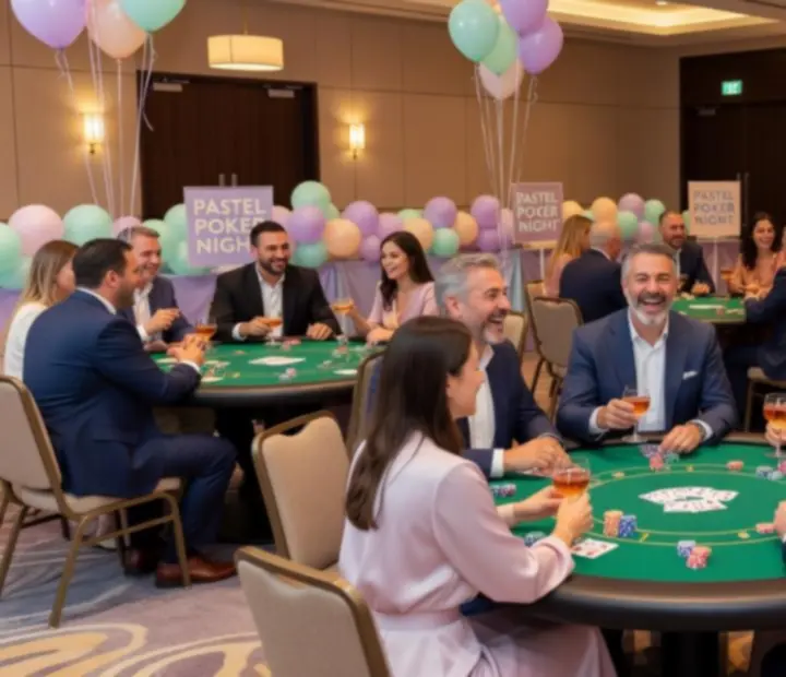 Pastelově laděná casino party s hosty u herních stolů